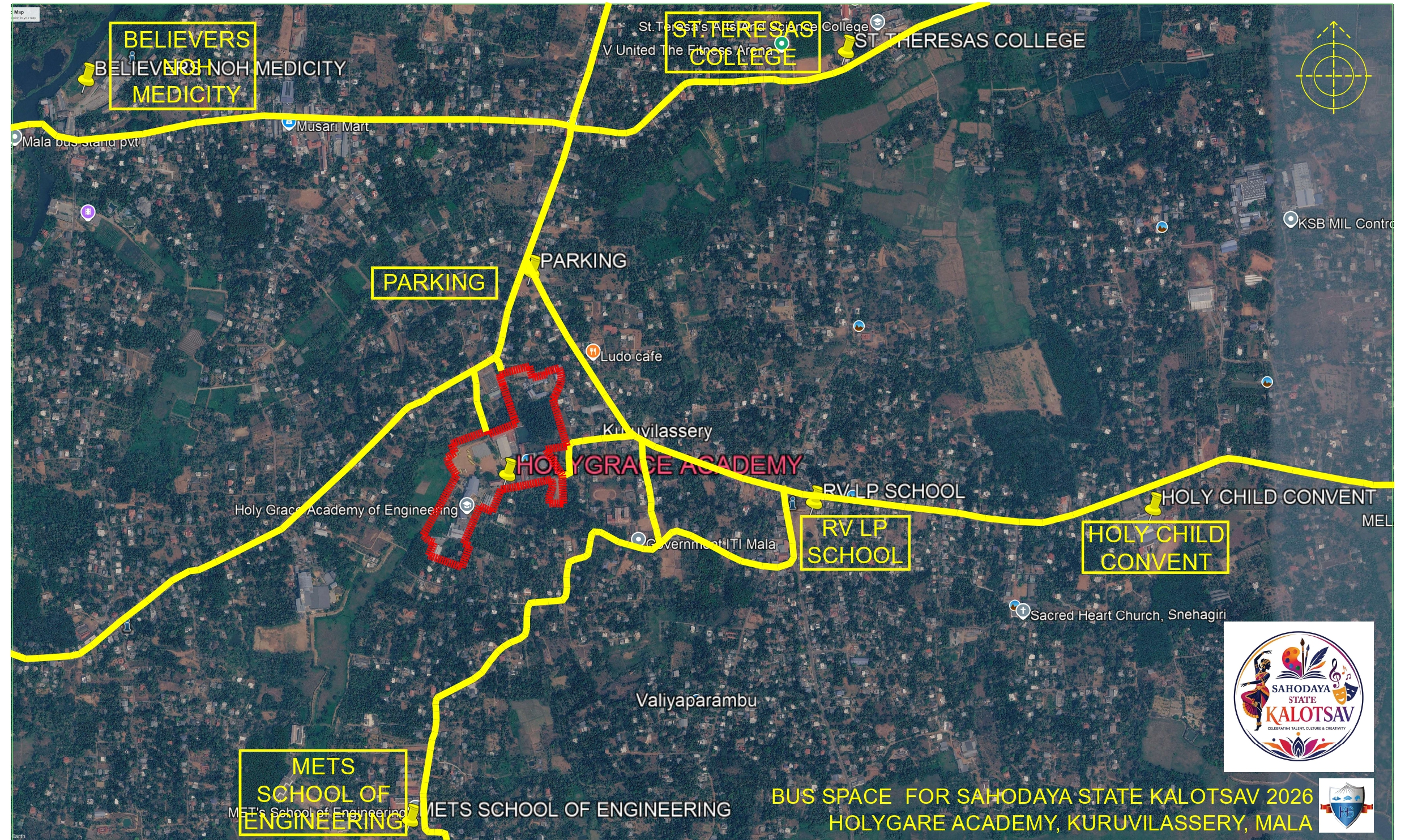 Location map showing the bus parking area near Holy Grace Academy in Kuruvilassery, Mala